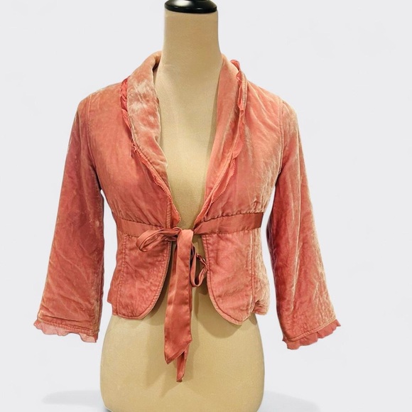 Vintage Hollister Pink Velvet Cropped Jacket Tie Front Ruffle Y2K Small - Picture 1 of 7